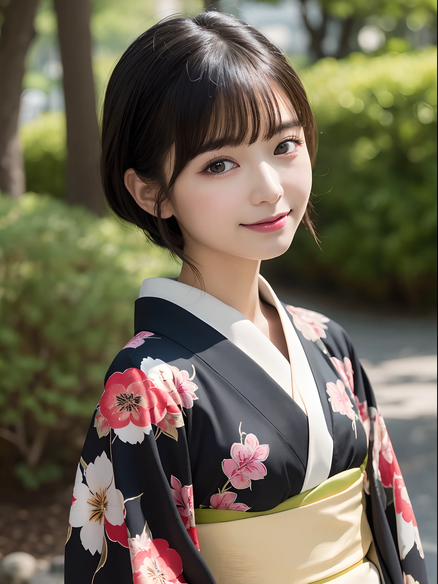 Masterpiece, Best Quality, illstration, Ultra-detailed, finely detail, hight resolution, 8K quality wallpapers, Perfect dynamic composition, Beautiful detailed eyes, Kimono, Well-formed kimono appearance, (Black shorthair), A slight smil, Looking at the camera, Kyoto Uzumasa Studio Park