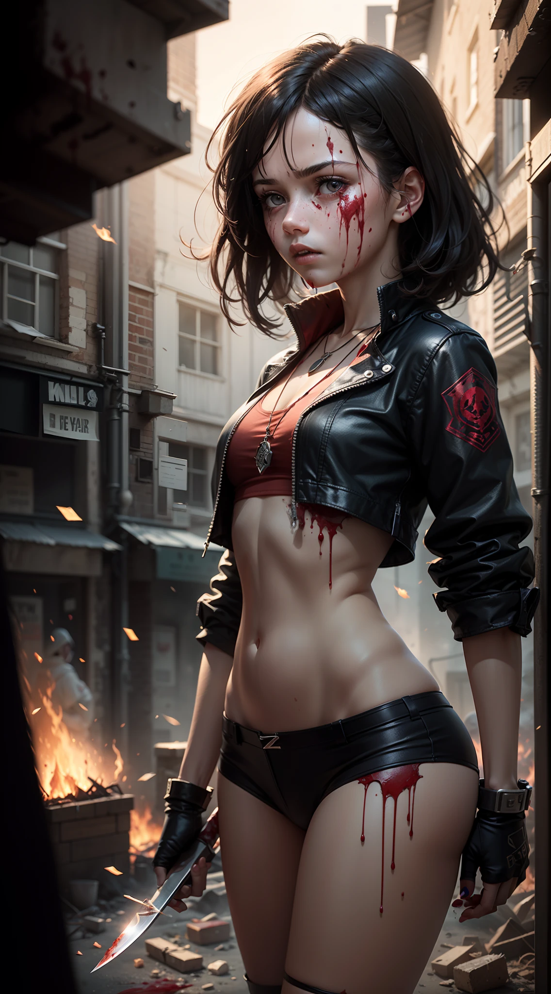 girl, holding a bloodied knife, red necklace on her neck, front view medium and black hair, wearing rogue clothing, background with debris and blood, lighting, detailed shadows, full body, realistic, white skin, fire particles, epic scene, fearless look, drops of blood on her face