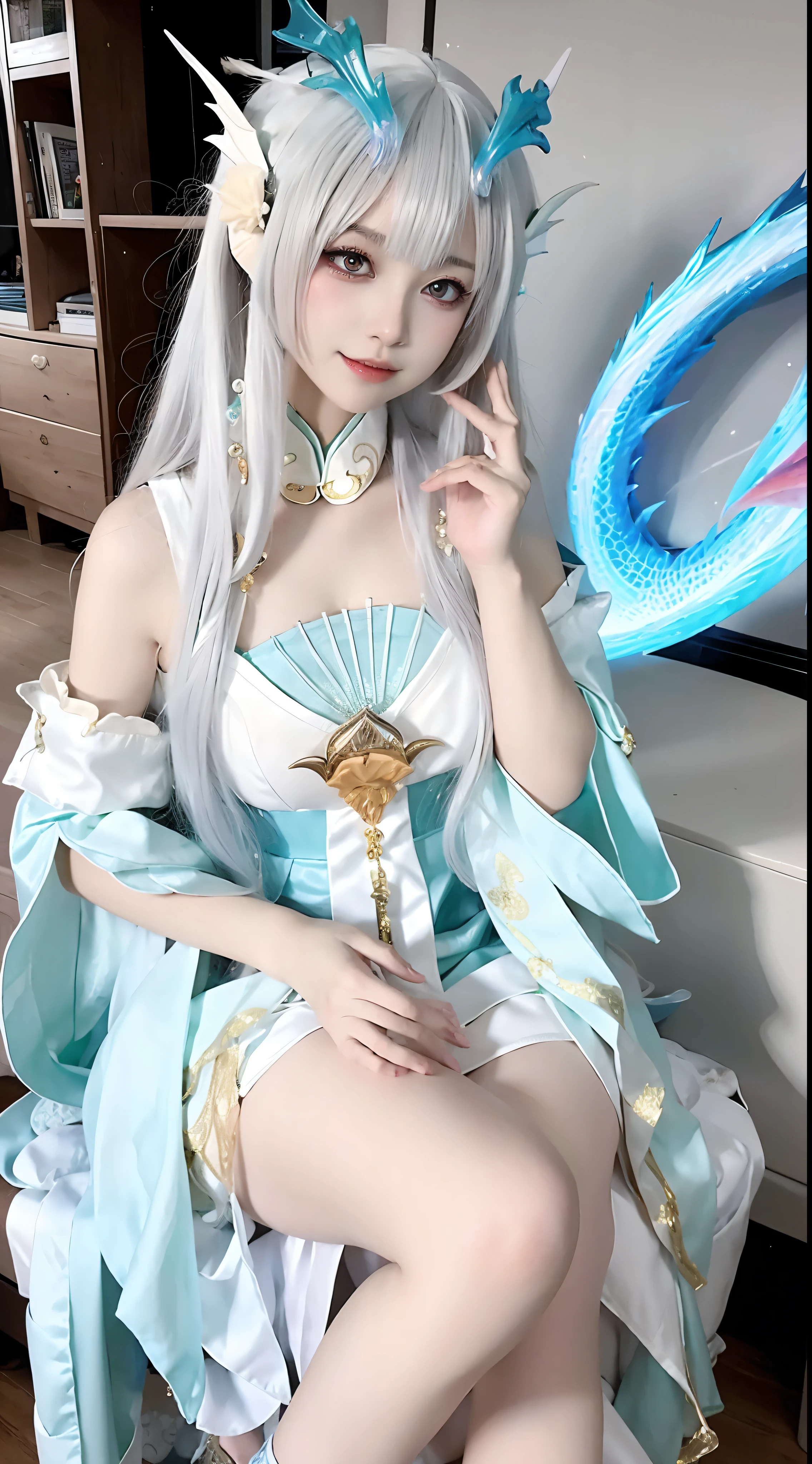 Anime-style image，A woman in a blue dress and a dragon headdress，drak，white-haired god，full-body xianxia，Portrait of a dragon girl，exteriors