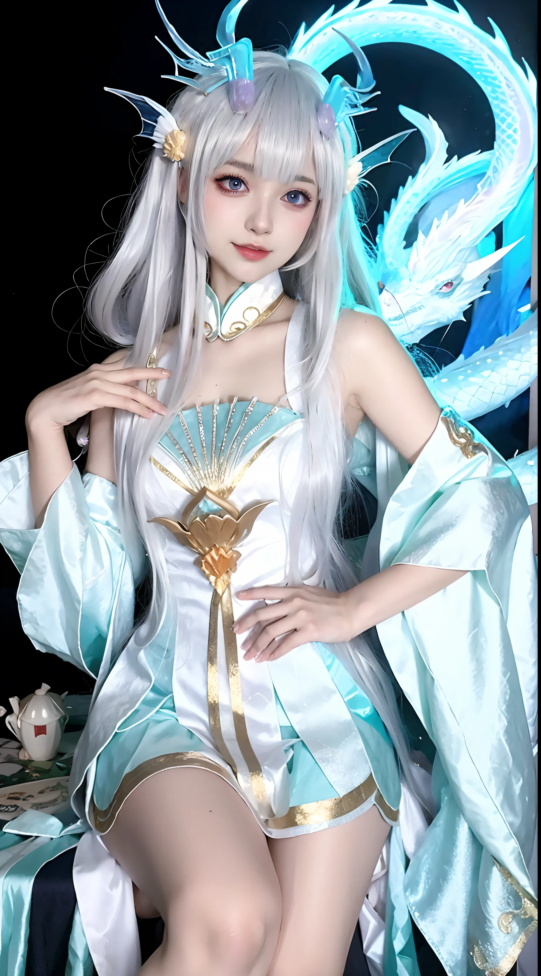 Anime-style image,A woman in a blue dress and a dragon headdress,drak,white-haired god,full-body xianxia,Portrait of a dragon girl,exteriors