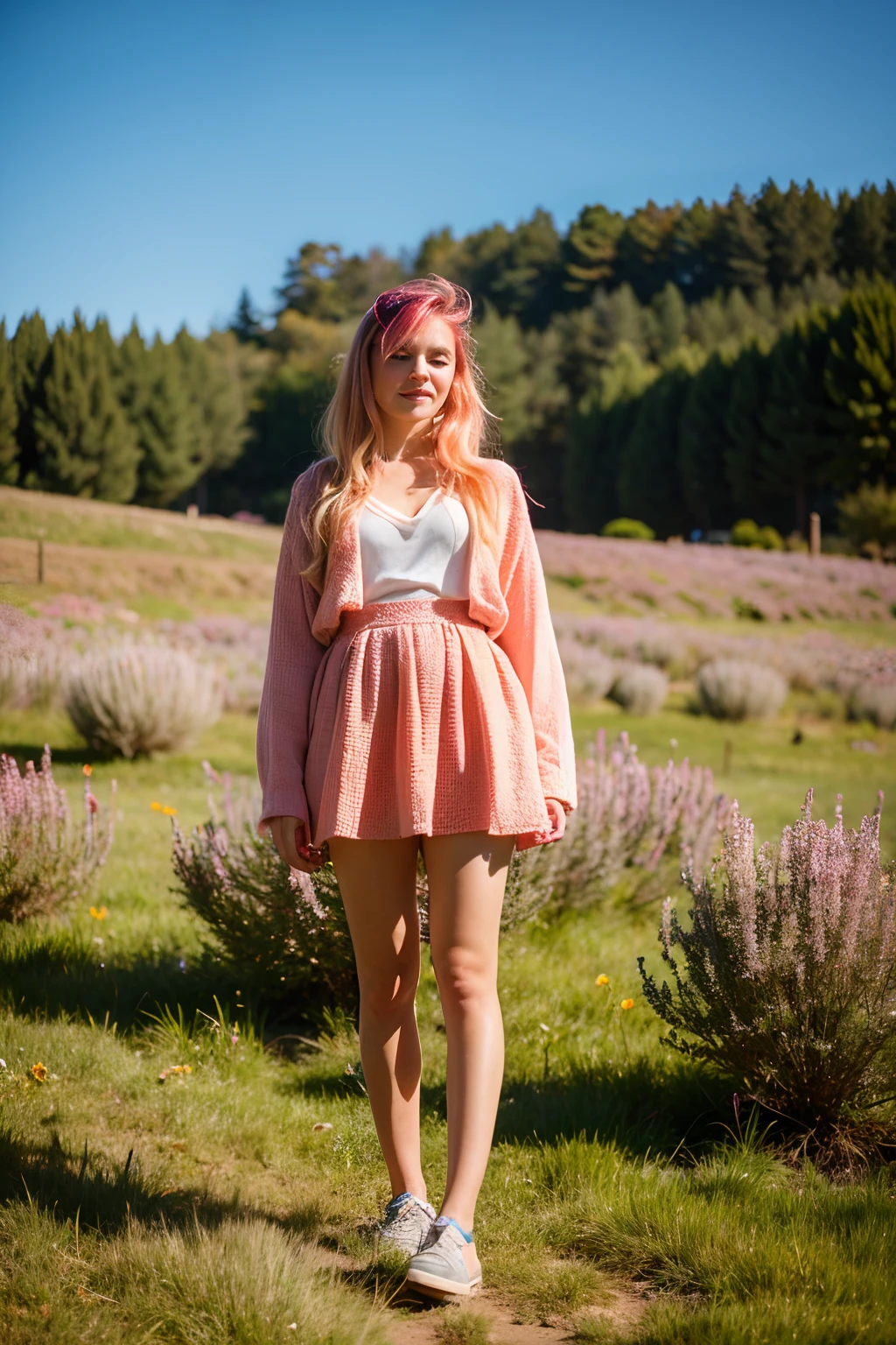 full bodyesbian， Portrait of cute blonde girl， Stand on the 'Mountain） （（Look into the distance）））， blossom flower， orange fog， sport， pastel-colored hair， hentail realism， High-quality performance， stunning art， high qulity， filmgrain， Fujifilm XT3， dream magical， acnes， freckle， Dirt stains cov