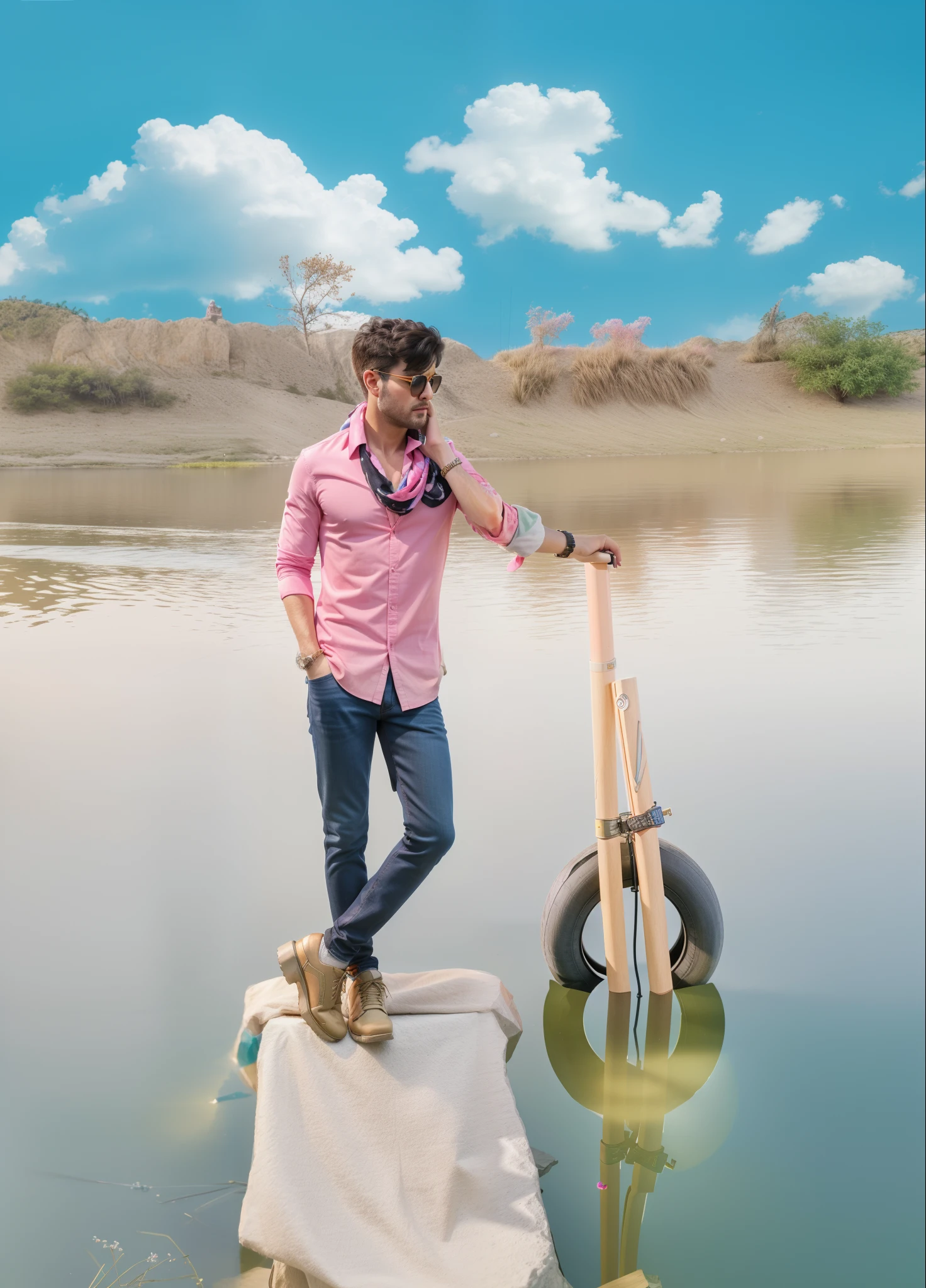 (full body:1.2),(best quality,4k,8k,highres,masterpiece:1.2),ultra-detailed,(realistic,photorealistic,photo-realistic:1.37), portrait, man in a pink shirt, man in black jeans, pink shirt, black jeans, White scarf around neck, sun glasses in hand, beautiful dress, realistic shirt, realistic jeans, hyperrealistic, hyperdetailed, beautiful pose, realistic look, vivid colors, sharp focus, studio lighting, physically-based rendering