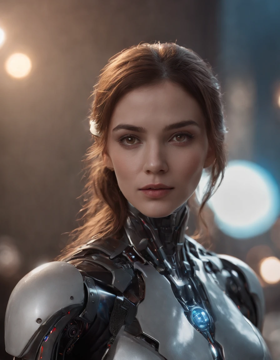 lizzyC1, ((best quality)), ((masterpiece)), (detailed), Midjourney Style, close-up, woman, robot, red eyes, concept art, inspired by Marek Okon, digital art, Crysis Nanosuit, futuristic, (glowing elements:1.1), 4:3 aspect ratio, dynamic duo,upper body