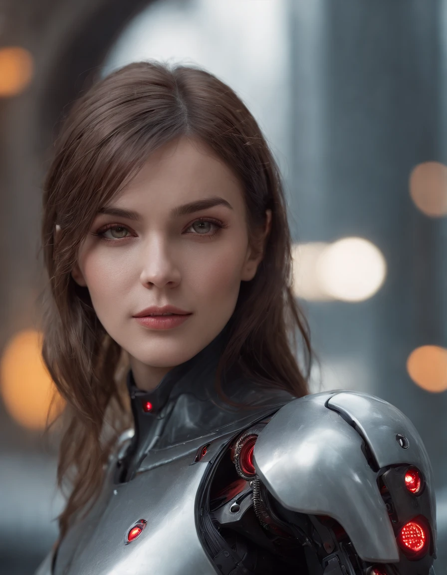 lizzyC1, ((best quality)), ((masterpiece)), (detailed), Midjourney Style, close-up, woman, robot, red eyes, concept art, inspired by Marek Okon, digital art, Crysis Nanosuit, futuristic, (glowing elements:1.1), 4:3 aspect ratio, dynamic duo,upper body