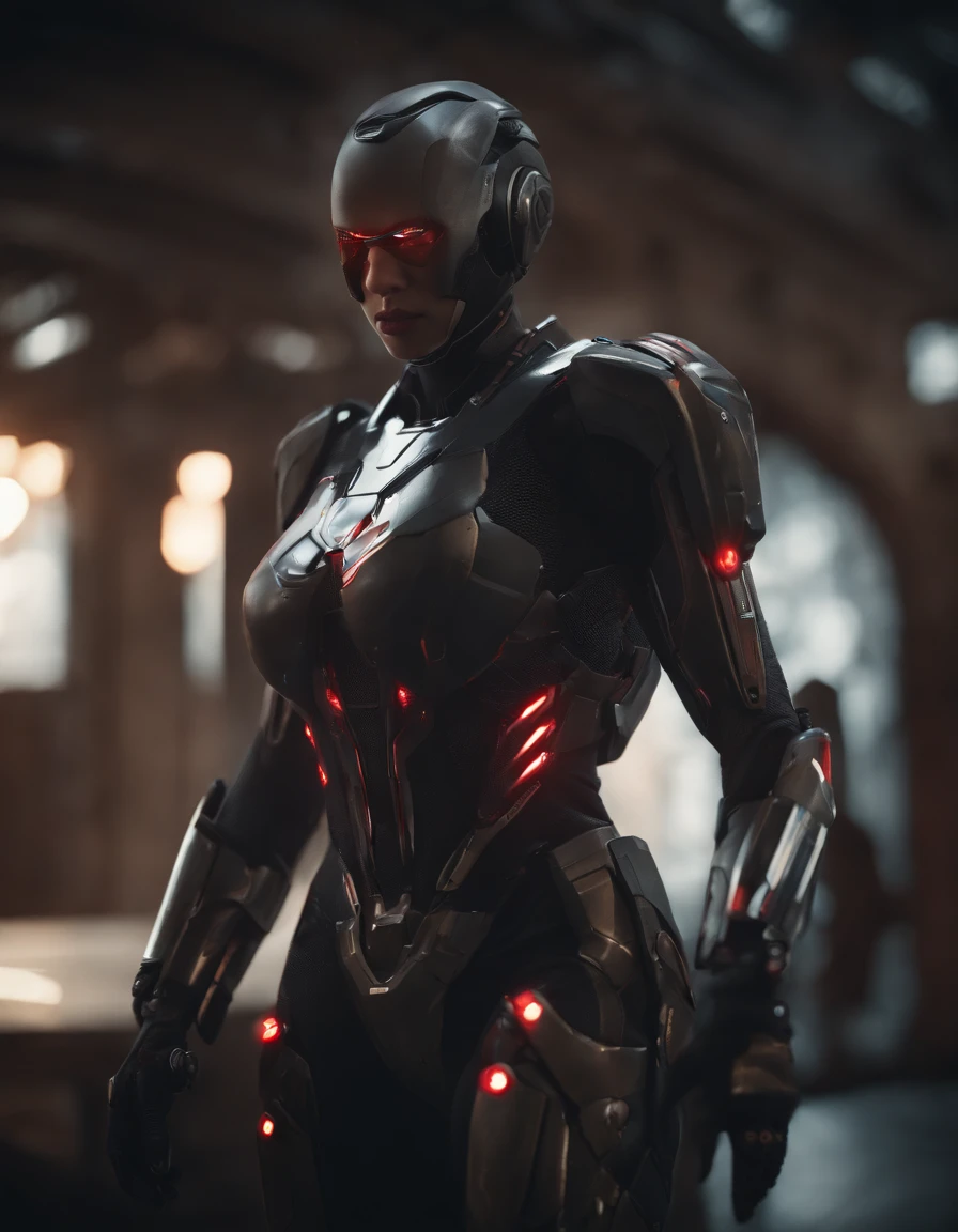 lizzyC1, ((best quality)), ((masterpiece)), (detailed), Midjourney Style, close-up, woman, robot, red eyes, concept art, inspired by Marek Okon, digital art, Crysis Nanosuit, futuristic, (glowing elements:1.1), 4:3 aspect ratio, dynamic duo，upper body