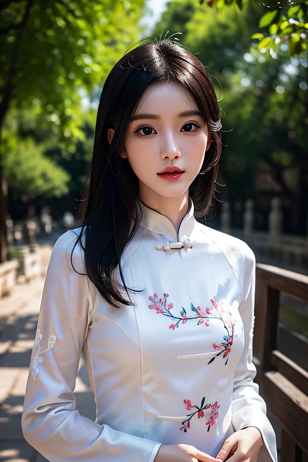 White cheongsam，Embroidery，elegant woman，full bodyesbian，Long black hair，Microvolumes，Big eyes，Small mouth，Delicate face，Best quality，8K，Masterpiece，depth of fields，HDR，Cute，Ancient Chinese promenade，dingdall effect，moving visuals，natural soft light