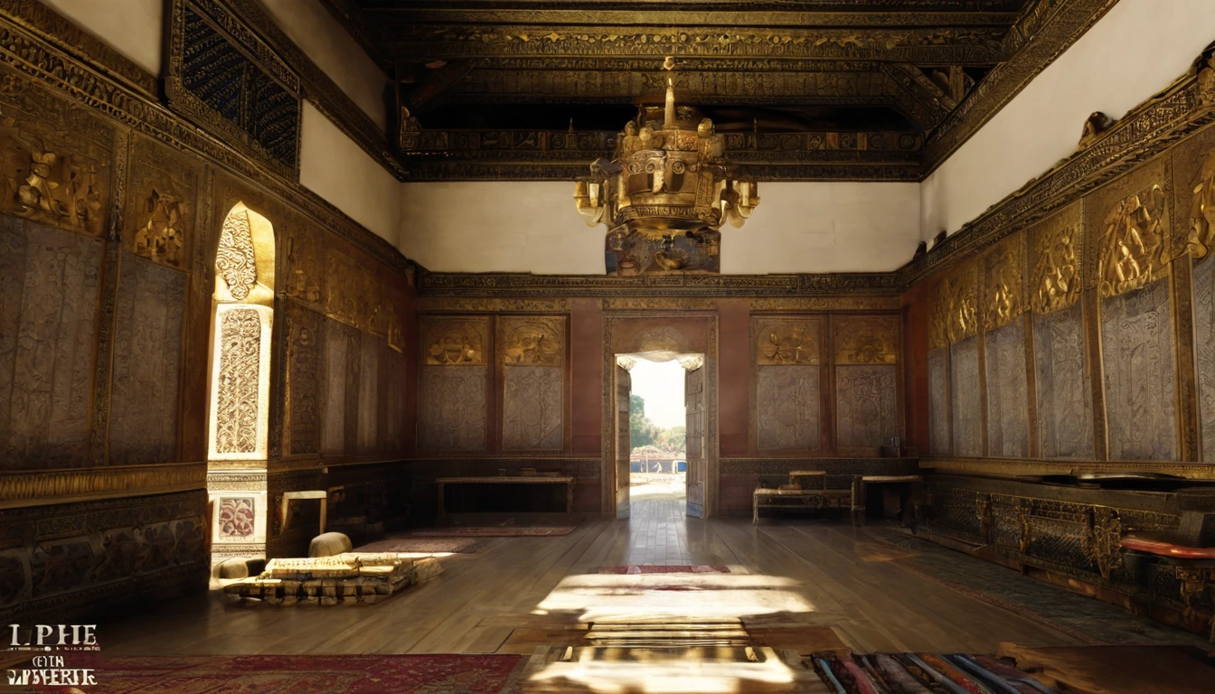 Interior of the hall of the imperial palace of the ancient Persian Empire(There are no modern items)On the far right is the Emperor's seat
