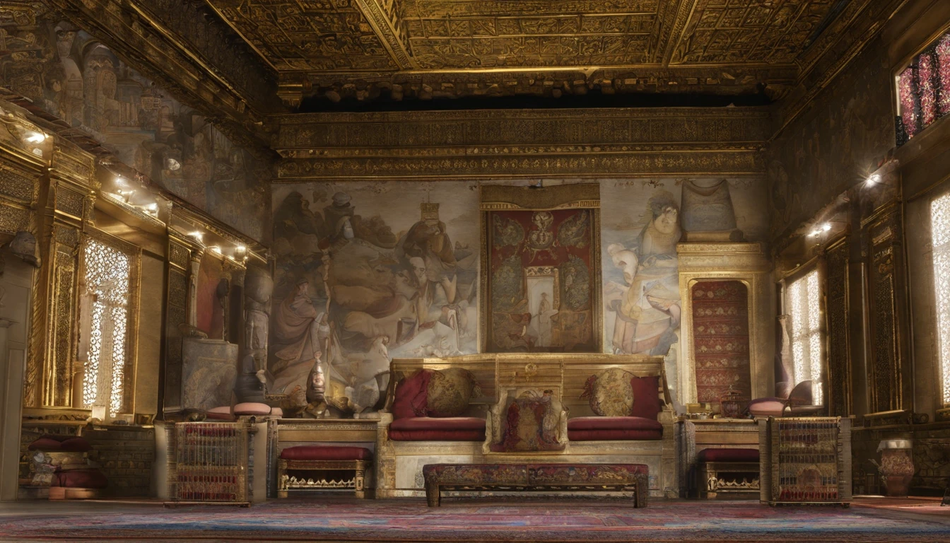 Interior of the hall of the imperial palace of the ancient Persian Empire(There are no modern items)On the far right is the Emperor's seat