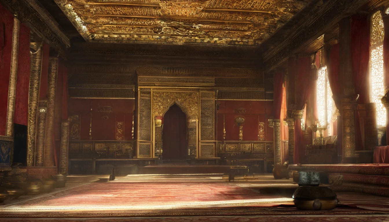 Interior of the hall of the imperial palace of the ancient Persian Empire(There are no modern items)On the far right is the Emperor's seat