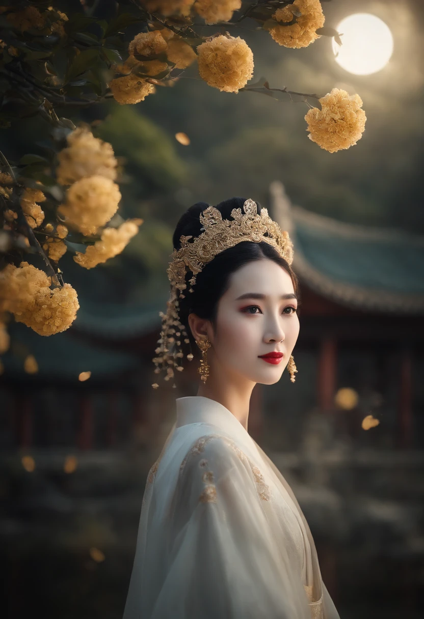 (Masterpiece, Best quality: 1.4)， the night，moon full，Detailed background，Ancient Chinese beauty looking at the camera，Delicate headgear，ssmile，Streamers，Gauze clothes，Floating in mid-air，Elevation viewing angle，The Milky Way is brilliant，The full moon is empty，Osmanthus flowers flutter on osmanthus trees，White little white rabbit，Cinematic lighting effects