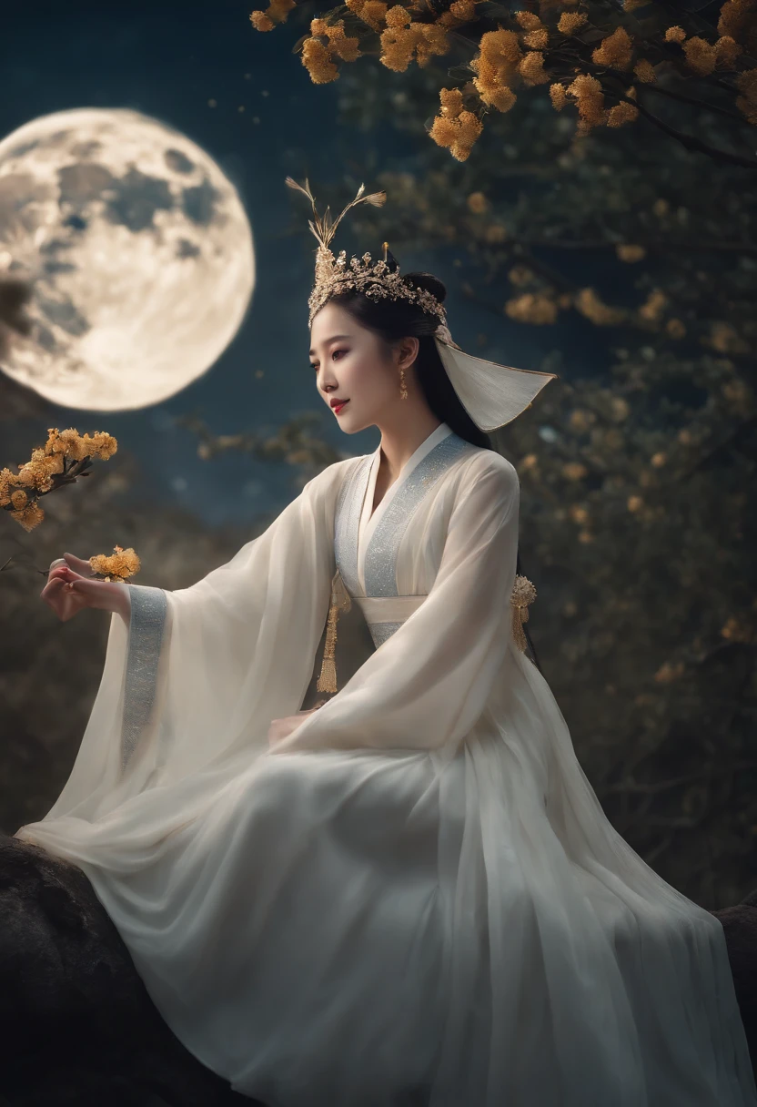 (Masterpiece, Best quality: 1.4), the night,moon full,Detailed background,Ancient Chinese beauty looking at the camera,Delicate headgear,ssmile,Streamers,Gauze clothes,Floating in mid-air,Elevation viewing angle,The Milky Way is brilliant,The full moon is empty,Osmanthus flowers flutter on osmanthus trees,White little white rabbit,Cinematic lighting effects