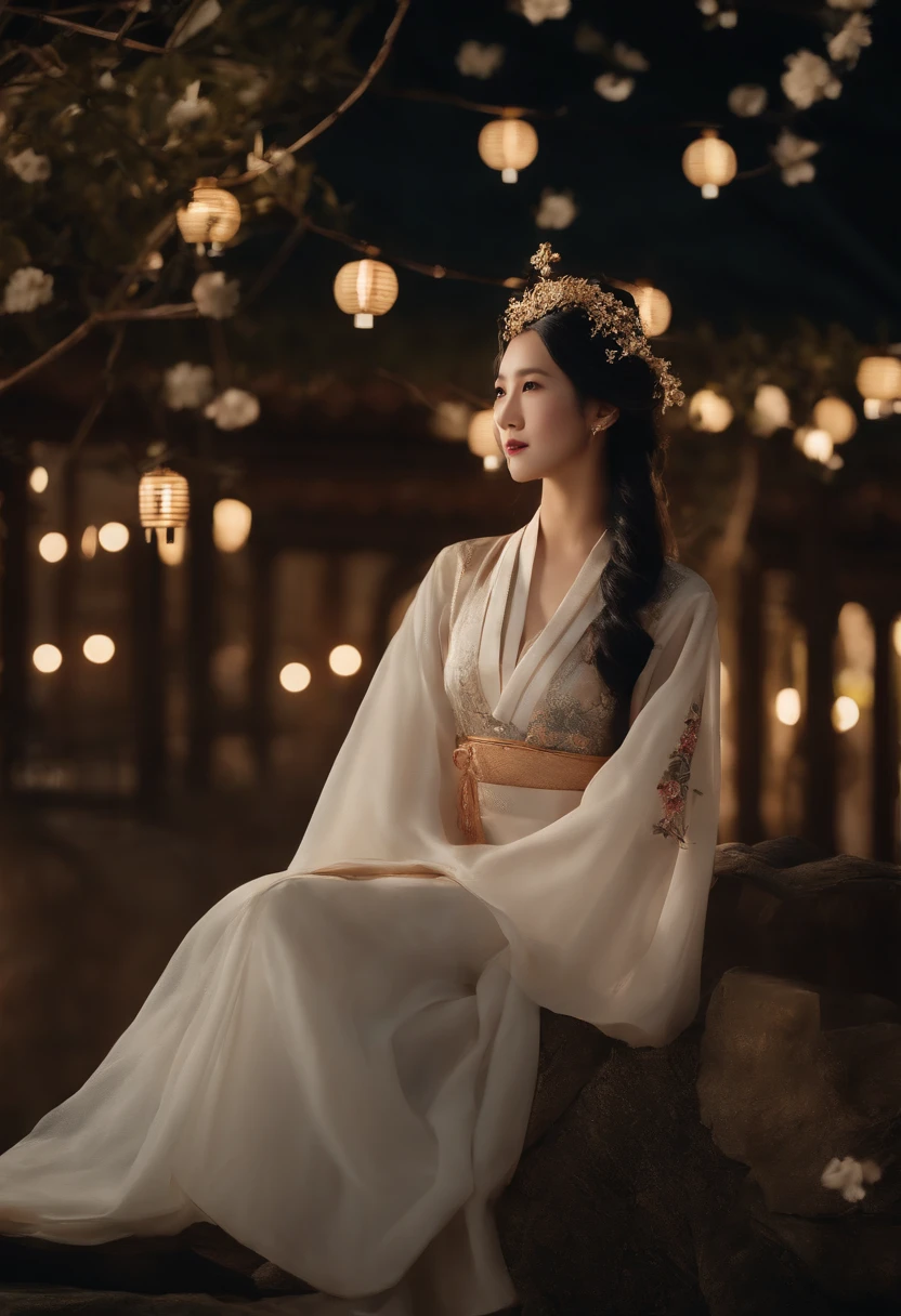 (Masterpiece, Best quality: 1.4)， the night，moon full，Detailed background，Ancient Chinese beauty looking at the camera，Delicate headgear，ssmile，Streamers，Gauze clothes，Floating in mid-air，Elevation viewing angle，The Milky Way is brilliant，The full moon is empty，Osmanthus flowers flutter on osmanthus trees，White little white rabbit，Cinematic lighting effects