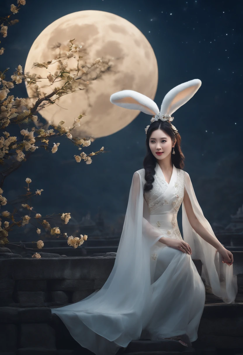 (Masterpiece, Best quality: 1.4)， the night，moon full，Detailed background，Ancient Chinese beauty looking at the camera，Delicate headgear，ssmile，Streamers，Gauze clothes，Floating in mid-air，Elevation viewing angle，The Milky Way is brilliant，The full moon is empty，Osmanthus flowers flutter on osmanthus trees，White little white rabbit，Cinematic lighting effects