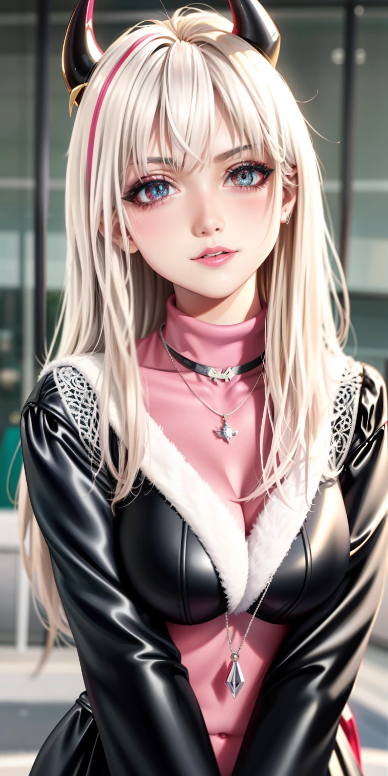 (((anime))), ((animated)), (GAL:1.3), medium hair, ,blonde hair, white hair, red eyes, (sharp eyes), (((tareme))),Pink Lip,piercing,necklace,[black skin],(gleaming skin),seductive grin smug,blush, ((((cute)))), beautiful, 1 girl, solo,(rlingerie:1.2),beautiful background,((morning)),sunlight,backlighting,masterpiece,best quality,exquisite,8k,absurdres,super fine illustration,(looking down at viewer),squashed boobs, horns, demon wings, from below, latex, crouch down, black dress, camel toe, curvey, ((beautiful detailed eyes))