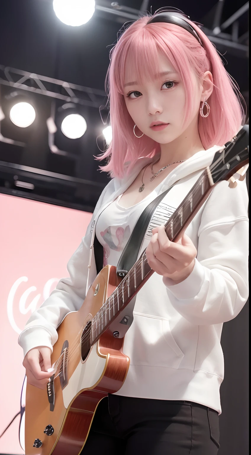 (masutepiece:1.3, Best Quality, Photorealistic, Ultra-detailed, Finely detailed, High resolution, 8K Wallpaper), 1 beautiful girl, Band Group Vocals, In a white hoodie, Singing a song on an electric guitar, Stand Microphone, Mouth open, Beautiful face, Detailed face, Beautiful eyes, Detailed eyes, Looks fun、Smiling, earrings, Necklace, Detailed guitar, (Straight guitar neck and strings), Medium length pink hair, on a stage, Spotlight, Look at the viewer、small tits