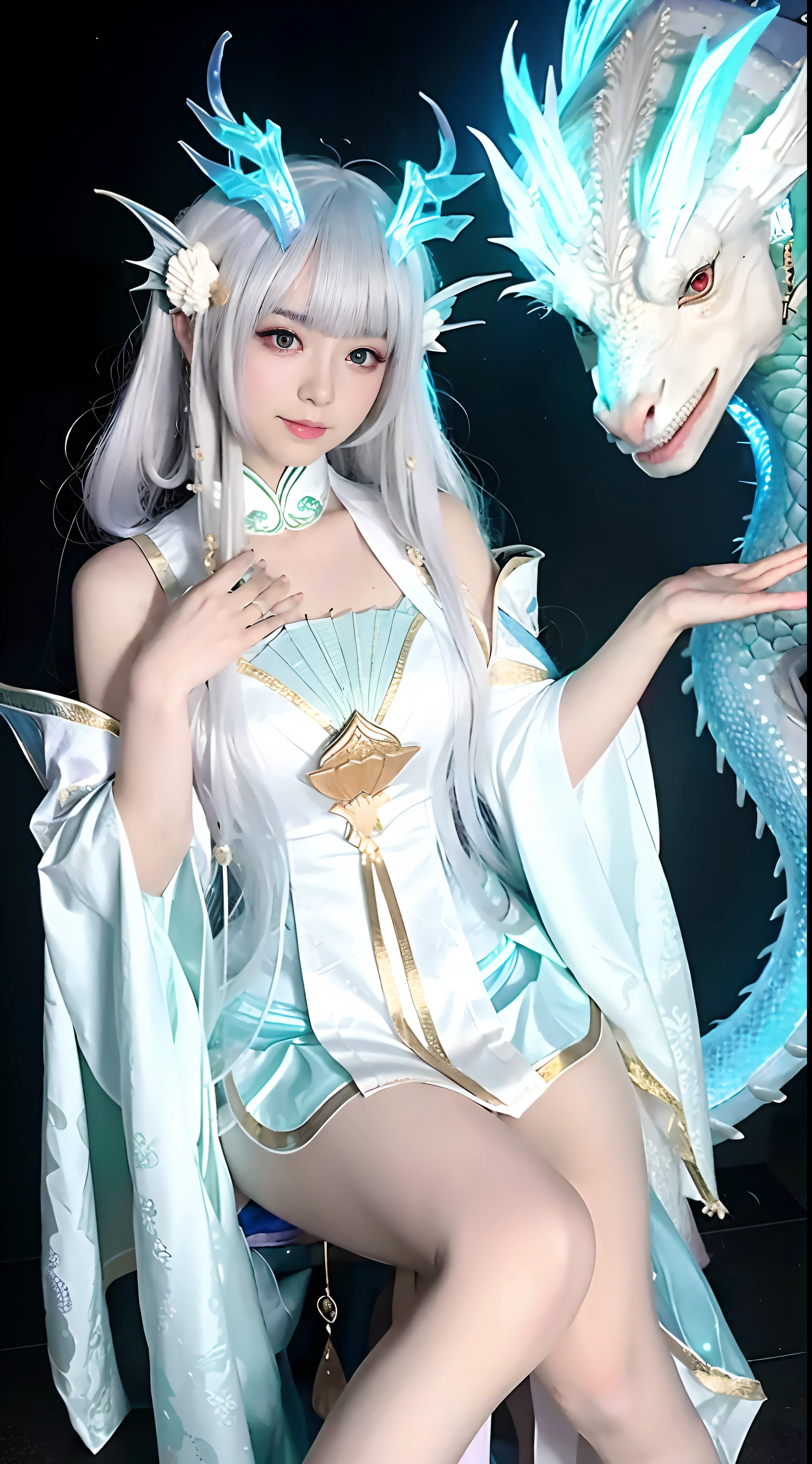 Anime-style image,A woman in a blue dress and a dragon headdress,drak,White-haired god,full-body xianxia,Portrait of a dragon girl,exteriors