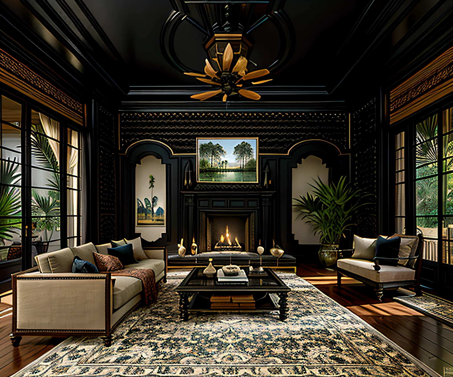 arafed living room with a fireplace and a ceiling fan, tall ceilings, very tall ceilings, (indochine style, tall ceiling, indochine style, black wood,) elegant and refined, high ceilings, classical style, inspired by William Home Lizars, unreal 5 engine highlly render, colonial style, high ceiling, maximalist sculpted design, insanely detailed rendering