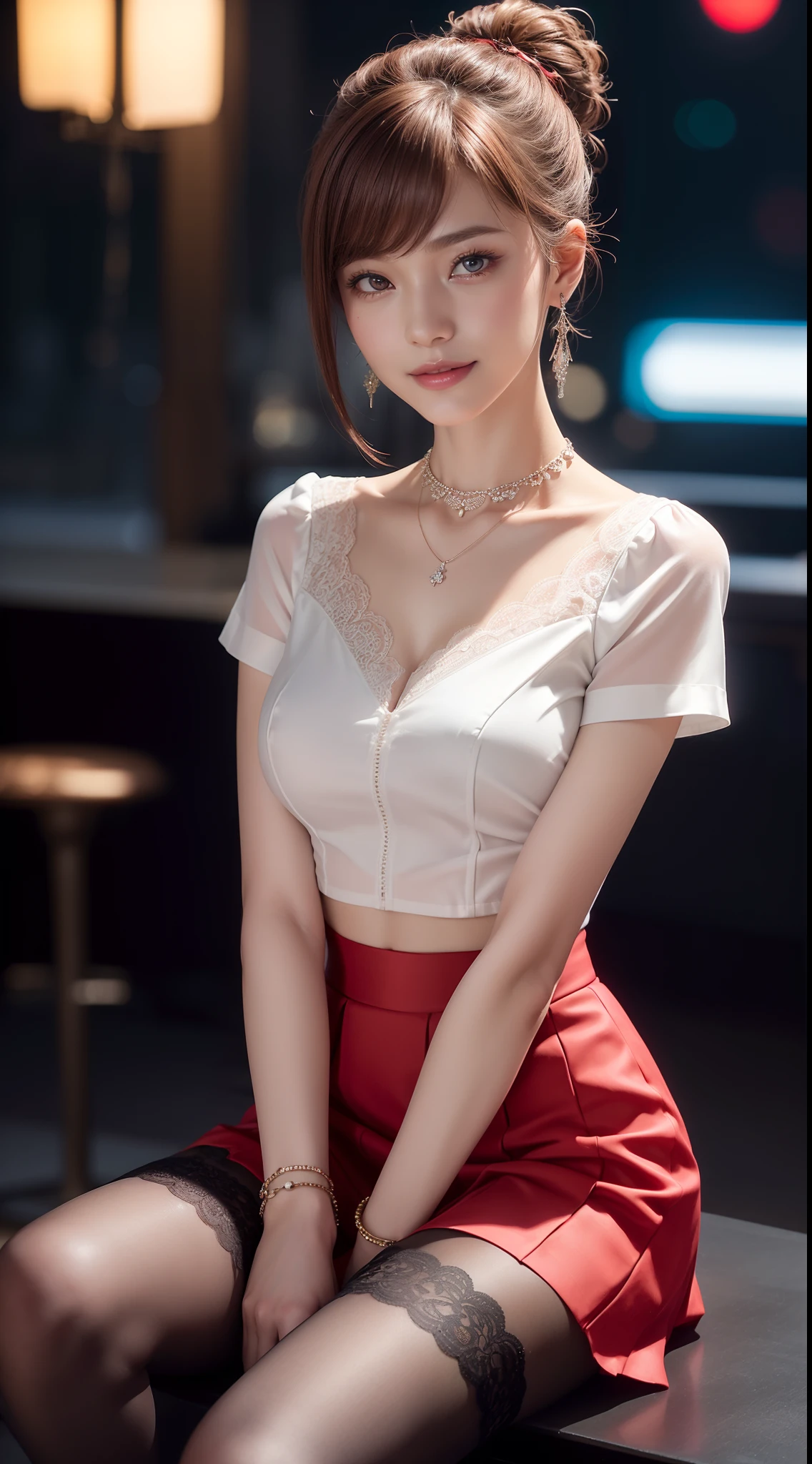 8k, masterpiece, RAW photo, best quality, photorealistic, extremely detailed CG unity 8k wallpaper, Depth of field, Cinematic Light, Lens Flare, Ray tracing, (extremely beautiful face, beautiful lips, beautiful eyes), intricate detail face, ((ultra detailed skin)) 1girl, in the dark, deep shadow, pretty Asian girl, idol, 1 girl, (very slim slender fit-muscled body:1.3), ((looking at viewer)),(big smile:1.3), (tight laced blouse), ((white color blouse)), (short sleeve) , (city night, dark night, (neon sign), (blurred background), dim lights, cityscape, rooftops, beautiful earrings, bracelets, necklace, pantyhose, clear eyes, (pale skin), (big eyes), face forward, ((upper body shot)), (silk red color skirt), (brown hairs),((laced skirt)), (looking at viewer:1.3), open breast, (very slim), medium breasts,((flooming laced)), updo hair, mini skirt, short hair, sit, high heels, laced stockings, full shot