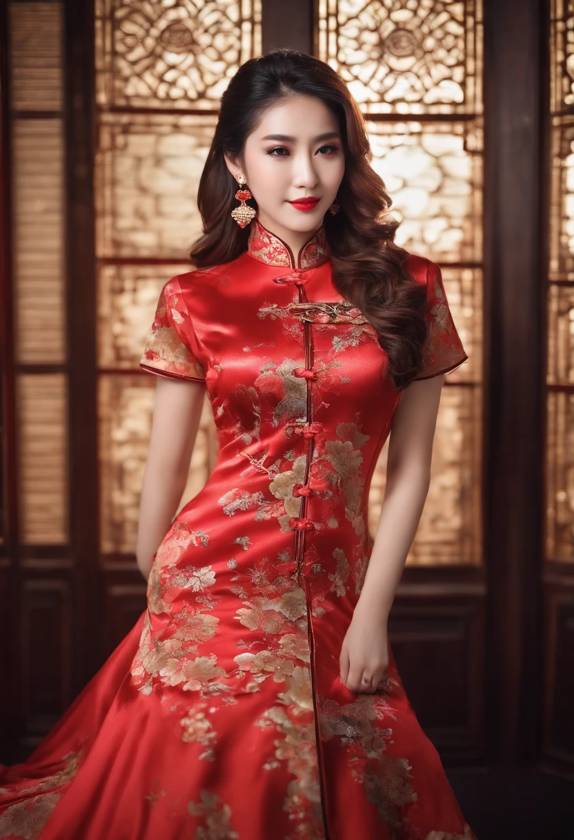 （From the outside） （shiny skins）， many color，Best quality at best，tmasterpiece，photograph of-realistic，Complicated details，RAW photogr，Court，Gorgeous cheongsam in many colors，Extra-long hair，cropped shoulders，delicated face，Expose cleavage，decorations，Stand by the window，on cheongsam，Lace，underdressing，decorations，Exposing thighs，close-up from the front，looking to the camera