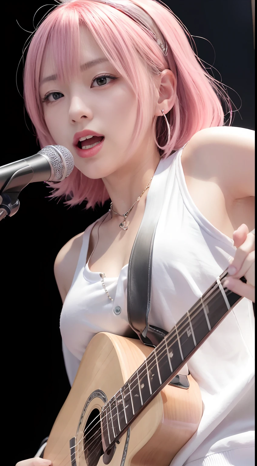 (masutepiece:1.3, Best Quality, Photorealistic, Ultra-detailed, Finely detailed, High resolution, 8K Wallpaper), 1 beautiful girl, Band Group Vocals, In a white hoodie, Singing a song on an electric guitar, Stand Microphone, Mouth open, Beautiful face, Detailed face, Beautiful eyes, Detailed eyes, Looks fun、Smiling, earrings, Necklace, Detailed guitar, (Straight guitar neck and strings), Medium length pink hair, on a stage, Spotlight, Look at the viewer、small tits