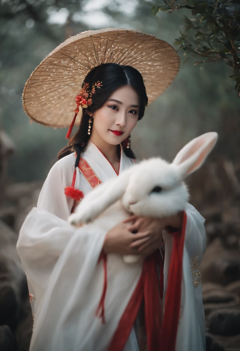 (Masterpiece, Best quality: 1.4)， the night，moon full，Detailed background，Ancient Chinese beauty looking at the camera，Delicate headgear，ssmile，Streamers，Gauze clothes，Floating in mid-air，（Look up），The Milky Way is brilliant，The full moon is empty，Osmanthus flowers flutter on osmanthus trees，White little white rabbit，Cinematic lighting effects
