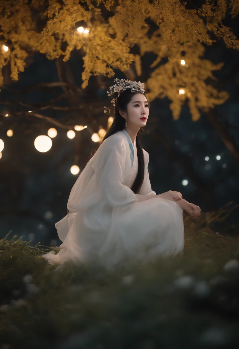 (Masterpiece, Best quality: 1.4)， the night，moon full，Detailed background，Ancient Chinese beauty looking at the camera，Delicate headgear，ssmile，Streamers，Gauze clothes，Floating in mid-air，（Look up），The Milky Way is brilliant，The full moon is empty，Osmanthus flowers flutter on osmanthus trees，White little white rabbit，Cinematic lighting effects