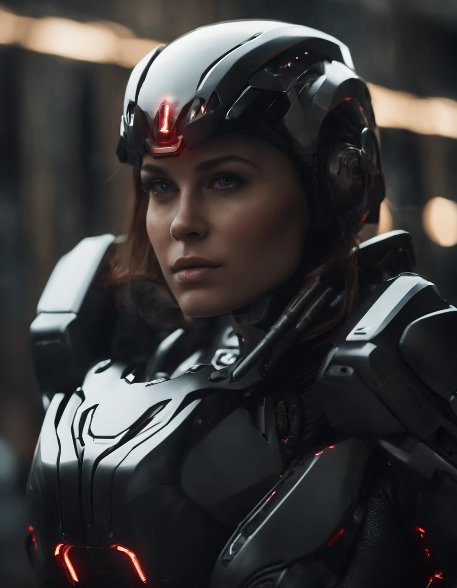 lizzyC1, ((best quality)), ((masterpiece)), (detailed), Midjourney Style, close-up, Woman, 18 years old,robot, red eyes, concept art, inspired by Marek Okon, digital art, Crysis Nanosuit, futuristic, (glowing elements:1.1), 4:3 aspect ratio, dynamic duo，upper body