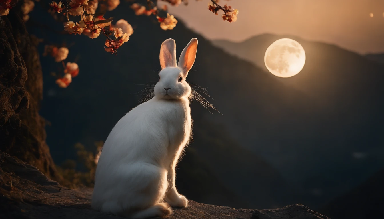 (Masterpiece, Best quality: 1.4), the night,moon full,Detailed background,Ancient Chinese beauty looking at the camera,Delicate headgear,ssmile,Streamers,Gauze clothes,Floating in mid-air,Elevation viewing angle,The Milky Way is brilliant,The full moon is empty,Osmanthus flowers flutter on osmanthus trees,White little white rabbit,Cinematic lighting effects