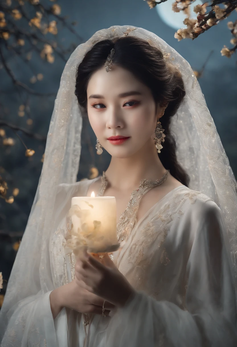 (Masterpiece, Best quality: 1.4), the night,moon full,Detailed background,Ancient Chinese beauty looking at the camera,Delicate headgear,ssmile,Streamers,Gauze clothes,Floating in mid-air,Elevation viewing angle,The Milky Way is brilliant,The full moon is empty,Osmanthus flowers flutter on osmanthus trees,White little white rabbit,Cinematic lighting effects