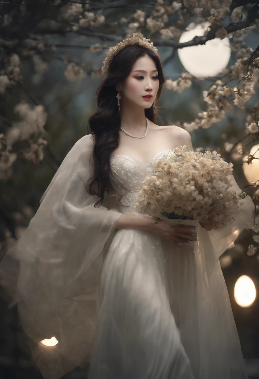 (Masterpiece, Best quality: 1.4)， the night，moon full，Detailed background，Ancient Chinese beauty looking at the camera，Delicate headgear，ssmile，Streamers，Gauze clothes，Floating in mid-air，Elevation viewing angle，The Milky Way is brilliant，The full moon is empty，Osmanthus flowers flutter on osmanthus trees，White little white rabbit，Cinematic lighting effects