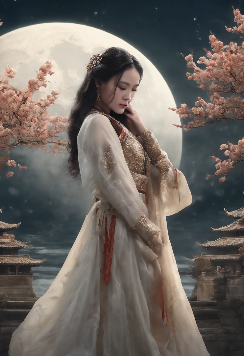 (Masterpiece, Best quality: 1.4)， the night，moon full，Detailed background，Ancient Chinese beauty looking at the camera，Delicate headgear，ssmile，Streamers，Gauze clothes，Floating in mid-air，Elevation viewing angle，The Milky Way is brilliant，The full moon is empty，Osmanthus flowers flutter on osmanthus trees，White little white rabbit，Cinematic lighting effects