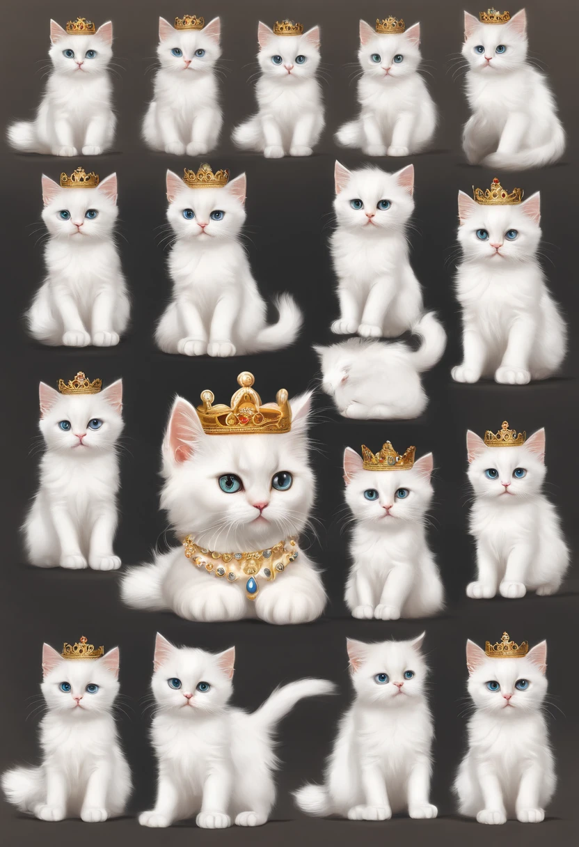 The various expressions of the white Persian kittens with Crystal Crowns. Nine identical kittens appear in a single image with different postures and expressions. Each kitten is separated by a certain distance, 9 kittens have happy, angry, crying, sleepy, arrogant, loving, confused, roll over, butt out and other expressions, cute effects, anime style, Nigi 5, AR 3:4