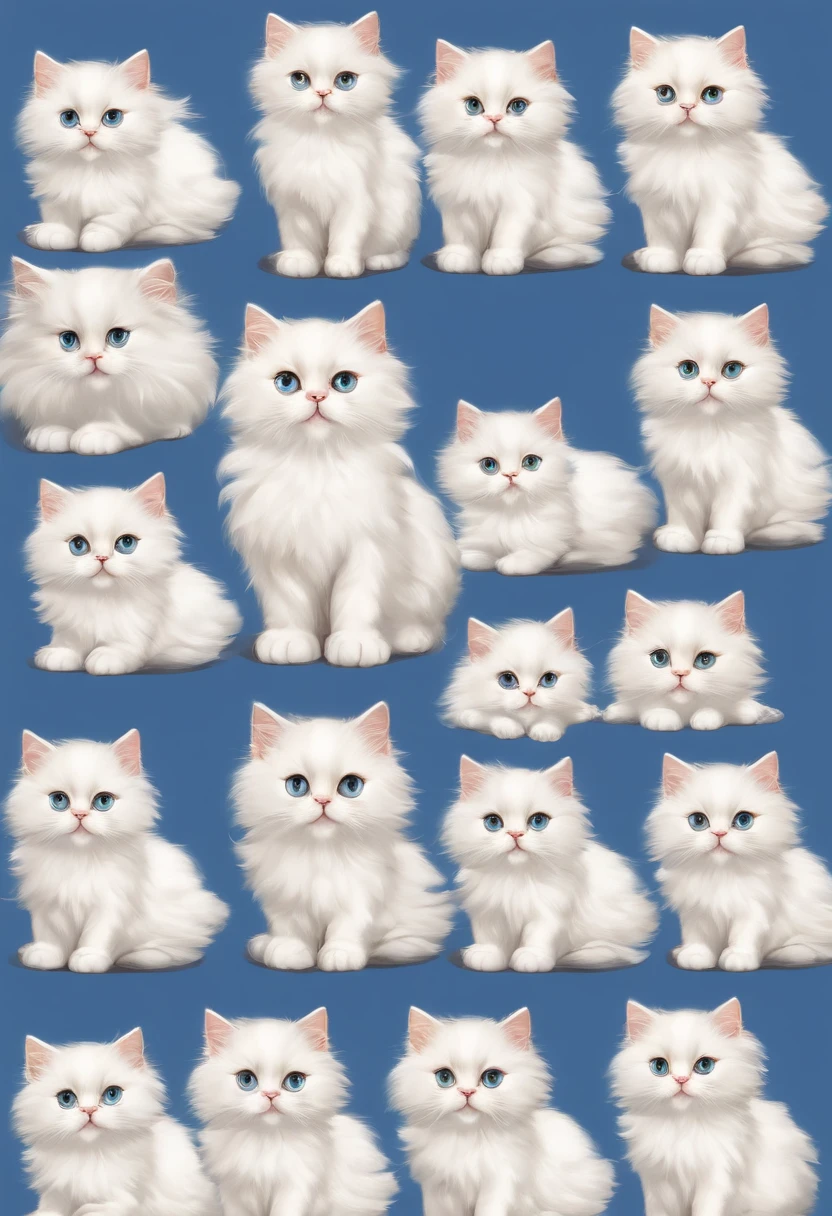The various expressions of the white Persian kittens with Crystal Crowns. Nine identical kittens appear in a single image with different postures and expressions. Each kitten is separated by a certain distance, 9 kittens have happy, angry, crying, sleepy, arrogant, loving, confused, roll over, butt out and other expressions, cute effects, anime style, Nigi 5, AR 3:4