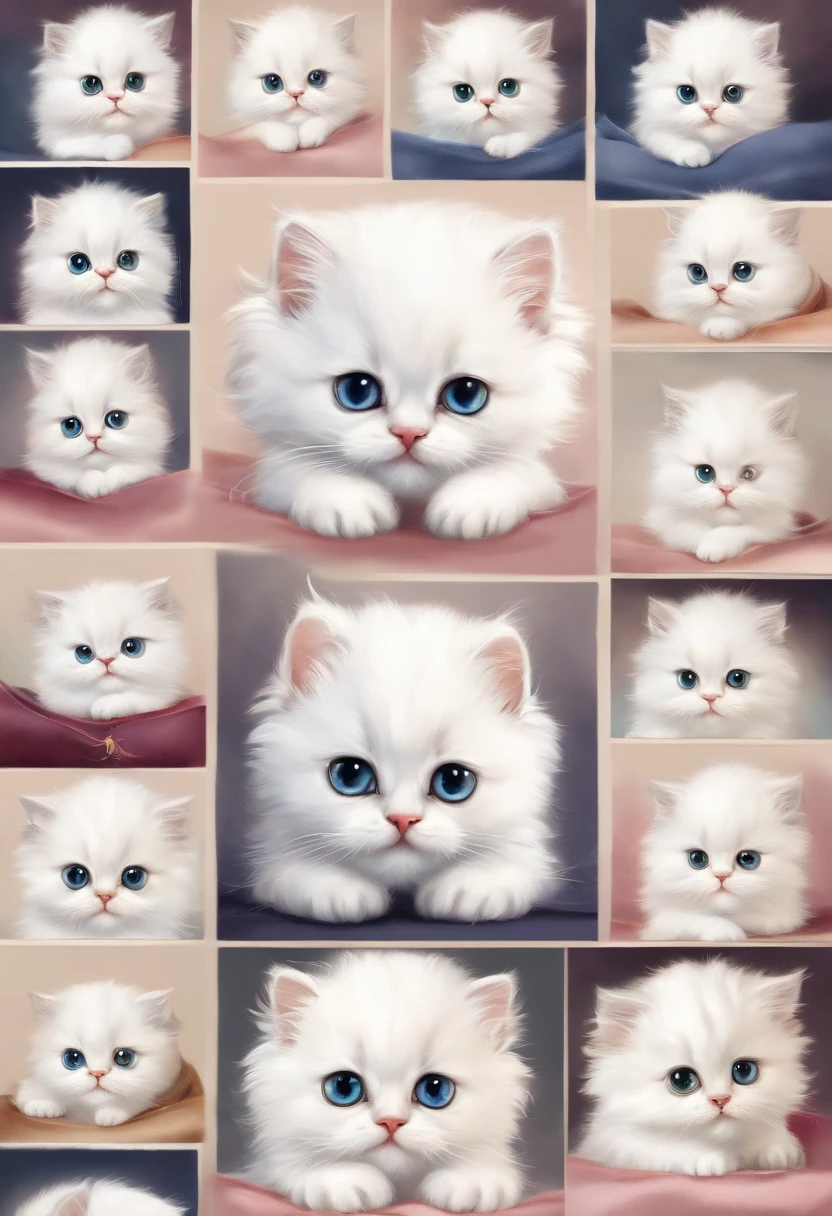 The various expressions of the white Persian kittens with Crystal Crowns. Nine identical kittens appear in a single image with different postures and expressions. Each kitten is separated by a certain distance, 9 kittens have happy, angry, crying, sleepy, arrogant, loving, confused, roll over, butt out and other expressions, cute effects, anime style, Nigi 5, AR 3:4