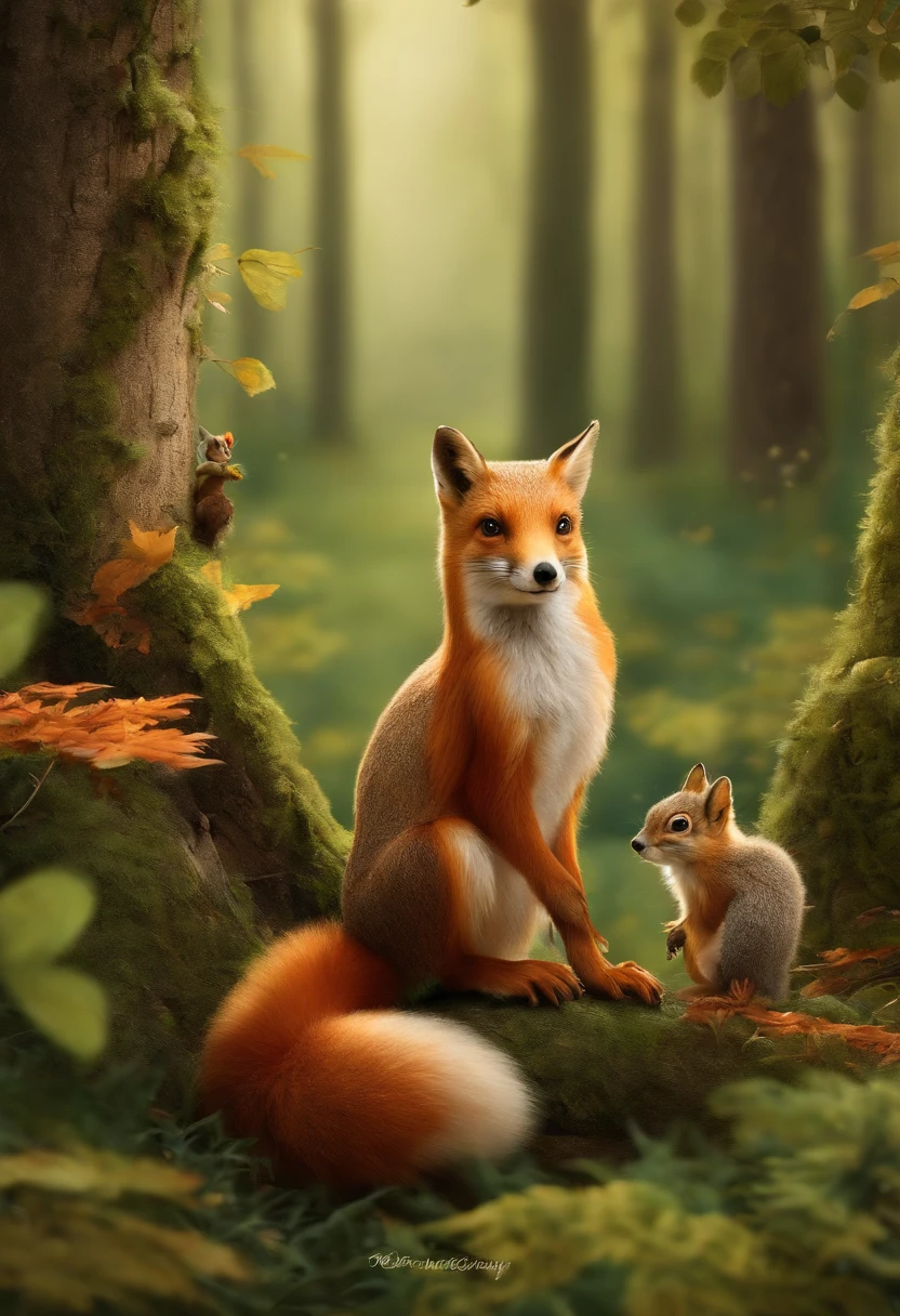 Children's style, 児童書, Hareful, foxes, Squirrels and owls, in woods, Quite, 发光, stas