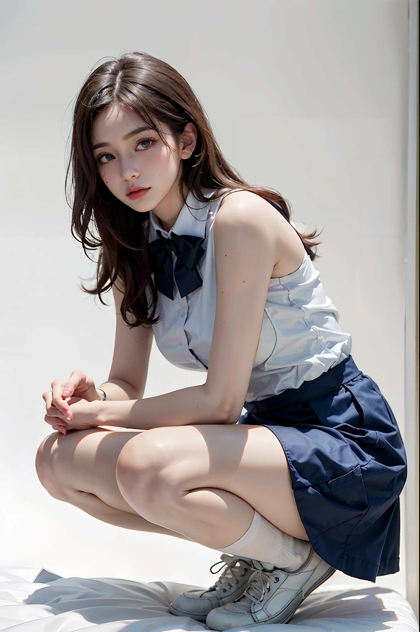 (Photoreal: 1.4), (Hyperrealistic: 1.4), (Realistic: 1.3), (Smooth Lighting: 1.05), (Improved Cinematic Lighting: 0.9), 32K, One Japan woman with a faint smile, realistic lighting, backlight, face lights, ray tracking, (Bright light: 1.2), (Quality improvement: 1.4), ( Top quality realistic textured skin: 1.4), fine detailed eyes, detailed face, fine quality eyes, dark brown eyes, (tired, sleepy and satisfied: 0.0), pale lighting, white blouse, bow tie, navy blue skirt, silk white ankle socks rim rolled up and worn, white background, squatting with legs on bed