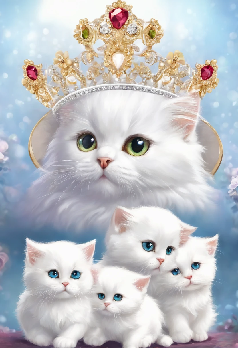 Various expressions of white Persian kittens wearing crystal crowns. Nine identical kittens appear in one image,With different poses and expressions. Each kitten is separated by a certain distance, Happy 9 kittens, Angry, Crying, Sleepy, Arrogant, Loving, Confused, flipped, Docking and other expressions, Lovely effect, Anime style, niji 5, AR 3:4