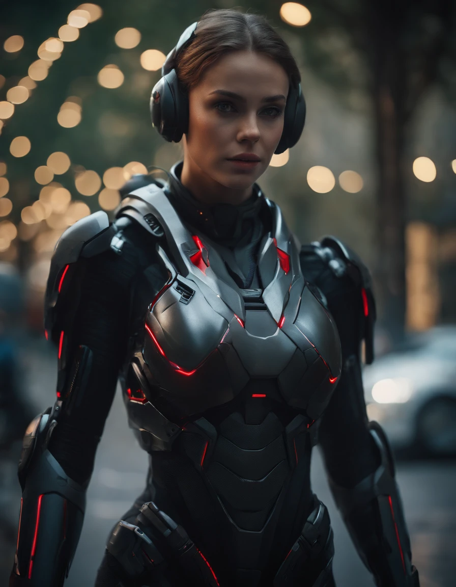 Woman, 18 years old,((best quality)), ((masterpiece)), (detailed), Midjourney Style, close-up, robot, red eyes, concept art, inspired by Marek Okon, digital art, Crysis Nanosuit, futuristic, (glowing elements:1.1), 4:3 aspect ratio, dynamic duo,upper body