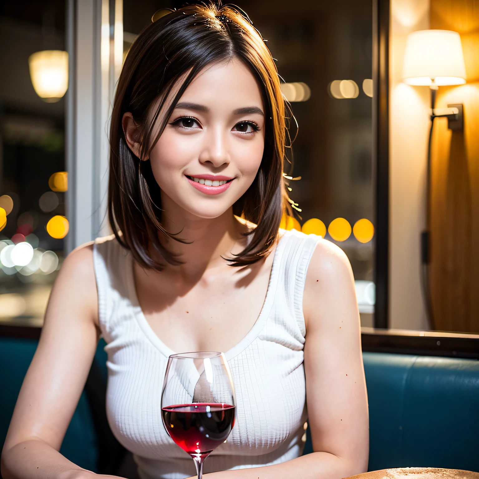(64K, UHD, top quality, masterpiece: 1.2), (realistic, photorealistic: 1.37), super detailed, pretty woman 1 person, (slim face), (slim body), (brown hair), (short cut), cheeks slightly blushing, (44 years old), 38 years old, solo, beautiful detailed urban night view outside the window, restaurant, wine glasses sit, at night, in a prominent placeNovaFrogStyle, Actress, Model, Waist Up, White Wine, Slim, Wine Glass, Super Clean Night View, Wine Glass Put in the Middle, Happy Smile, (Smile: 1.15), Beautiful Fine Eyes, Upper Body, Bust Japan Up, Night, Short, Short, Actress, Model, Waist Up, White Wine, Slim, Wine Glass, Super Clean Night View, Wine Glass Put in the Middle, Happy Smile,