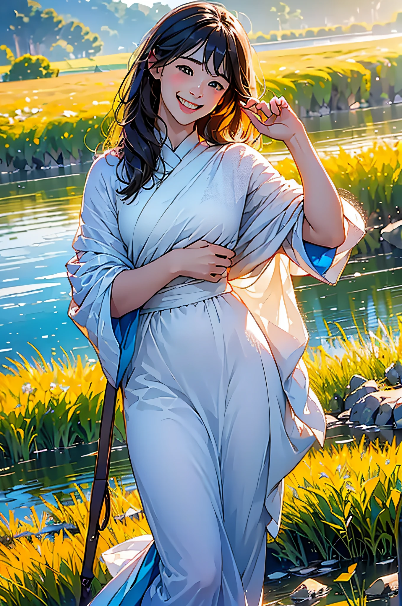 (in 8K、top-quality、masterpiece:1.2)、1人の女性、(Smiling smile:1.1)、beautidful eyes、Valley、The upper part of the body、length hair、Like a boy、Longhaire、Blue View、