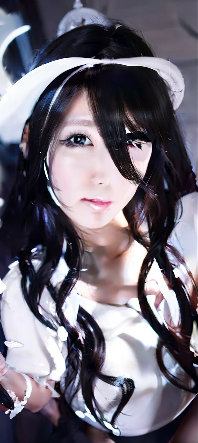 1girl, Albedo Overlord, White Dress, Long Hair, Black Hair, White Horn, Black Wing, Realistic, Ultra Detail, 70mm lens,