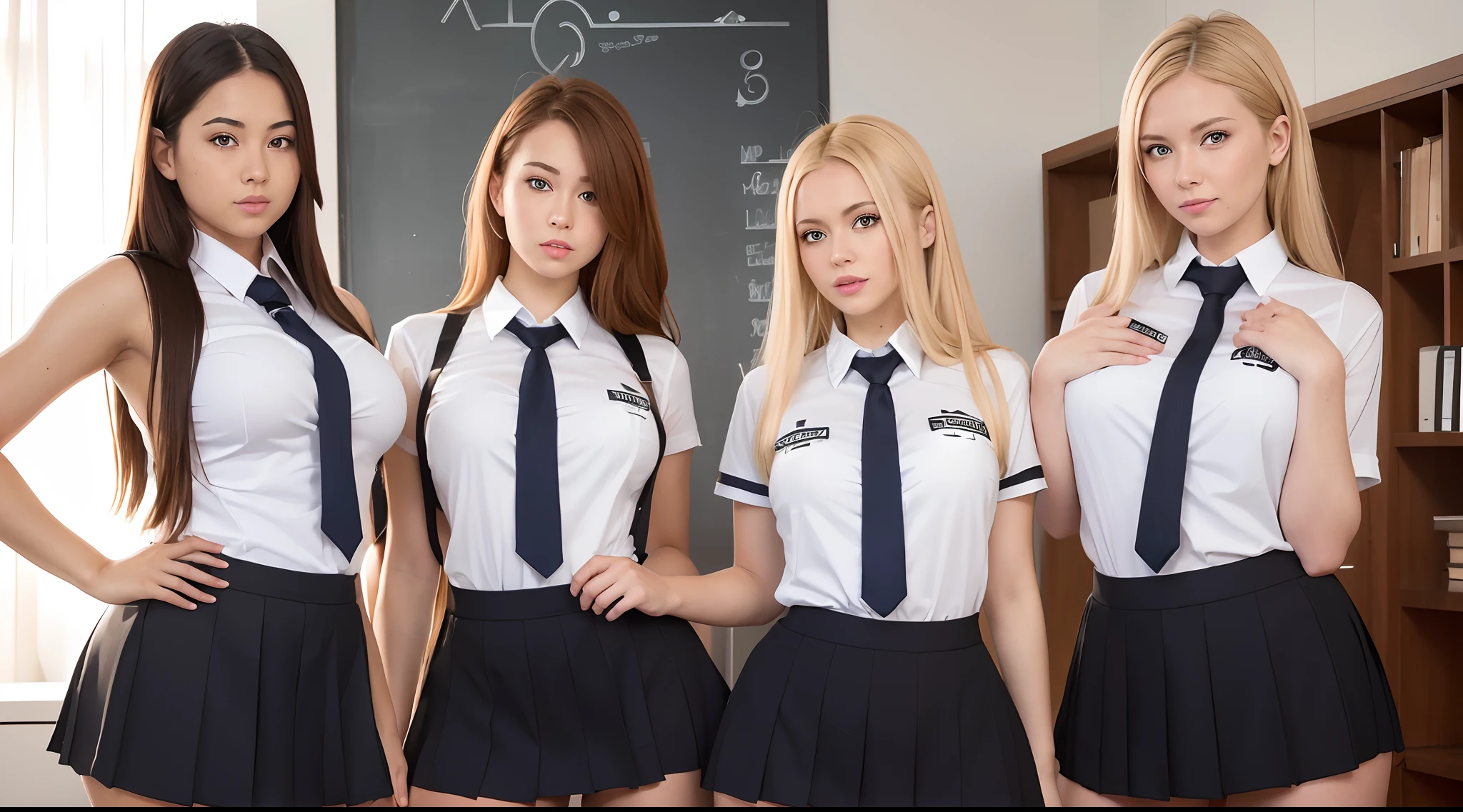 there are four sexy full body German girls in school uniforms posing for a picture,blondes, red heads, brunets,sexy school girls, wearing revealing school uniform, school class, wearing a school uniform,enticing school girl, of a schoolgirl posing,hot school uniform, private school,big eyes,perfect bodies athletic , beautiful girls, cute girls, school,realistic,masterpiece, goddesses