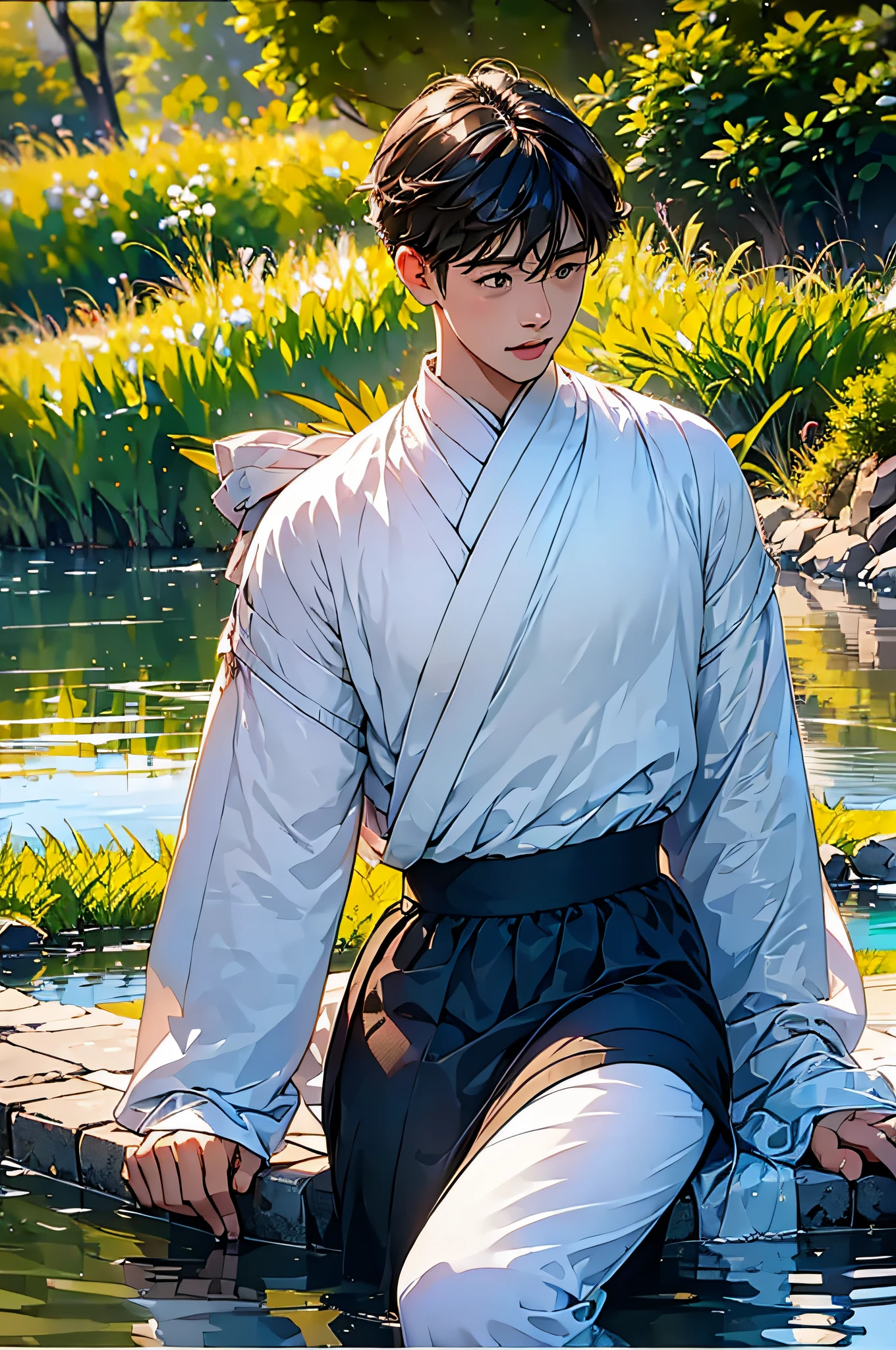 (in 8K、top-quality、masterpiece:1.2)、1 boy、short-haired、Hair short、Brown-skinned、Blue View、