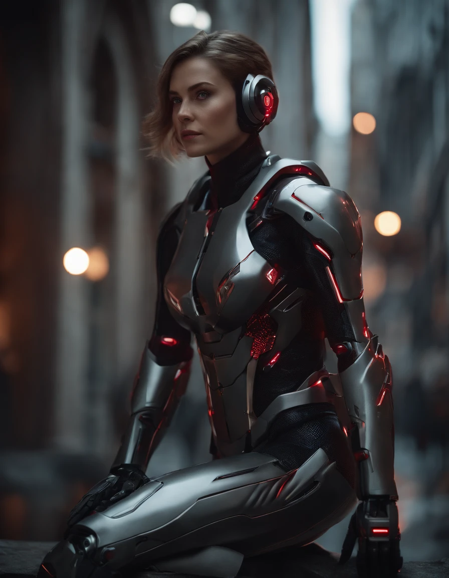 Woman, 18 years old,((best quality)), ((masterpiece)), (detailed), Midjourney Style, close-up, robot, red eyes, concept art, inspired by Marek Okon, digital art, Crysis Nanosuit, futuristic, (glowing elements:1.1), 4:3 aspect ratio, dynamic duo，upper body