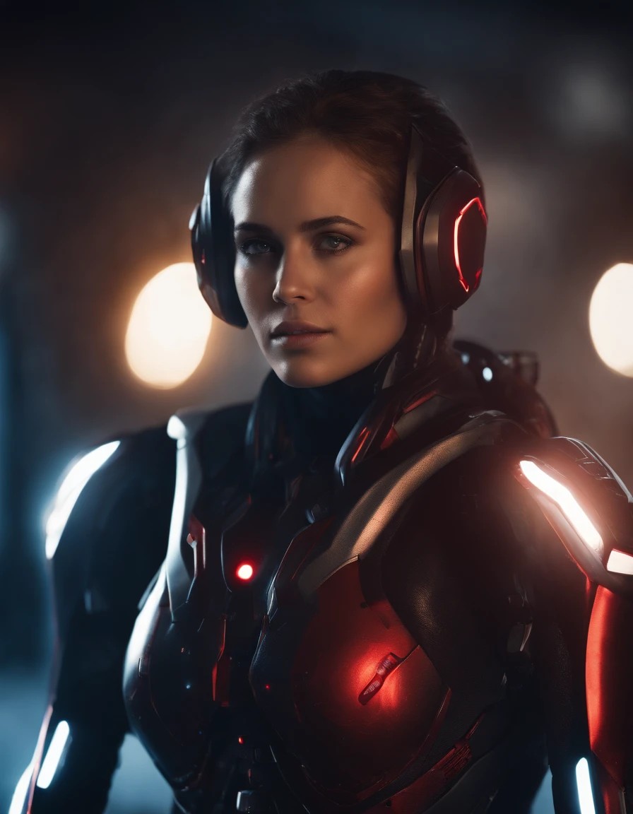 Woman, 18 years old,((best quality)), ((masterpiece)), (detailed), Midjourney Style, close-up, robot, red eyes, concept art, inspired by Marek Okon, digital art, Crysis Nanosuit, futuristic, (glowing elements:1.1), 4:3 aspect ratio, dynamic duo,upper body