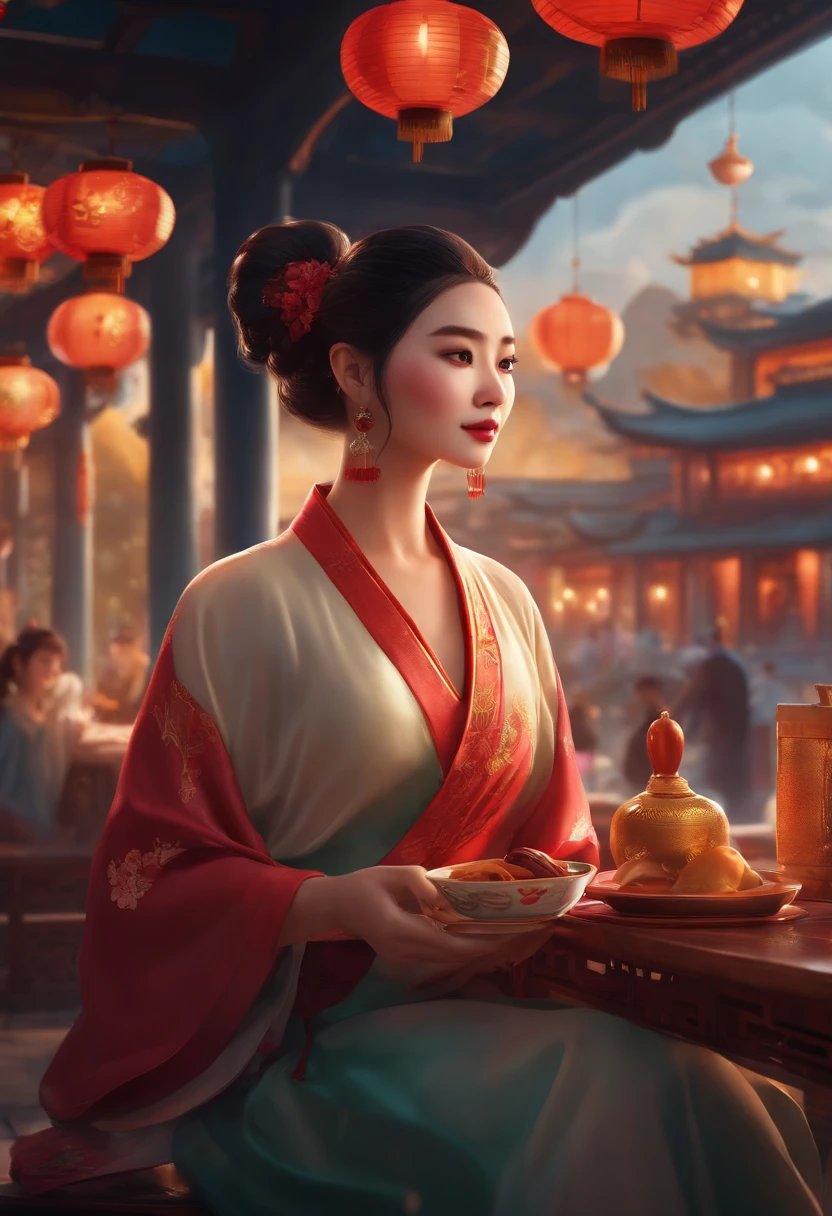 Bright colors, Beautiful style, High-quality illustrations, China-style，Restaurant background，Female characters