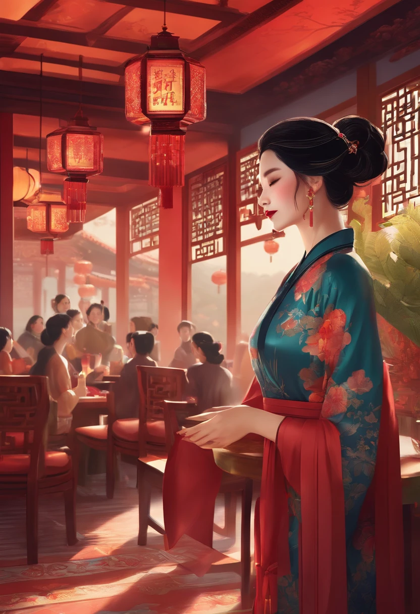 Bright colors, Beautiful style, High-quality illustrations, China-style,Restaurant background,Female characters