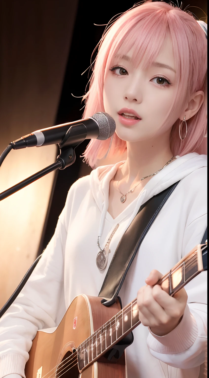 (masutepiece:1.3, Best Quality, Photorealistic, Ultra-detailed, Finely detailed, High resolution, 8K Wallpaper), 1 beautiful girl, Band Group Vocals, In a white hoodie, Singing a song on an electric guitar, Stand Microphone, Mouth open, Beautiful face, Detailed face, Beautiful eyes, Detailed eyes, Looks fun、Smiling, earrings, Necklace, Detailed guitar, (Straight guitar neck and strings), Medium length pink hair, on a stage, Spotlight, Look at the viewer、small tits