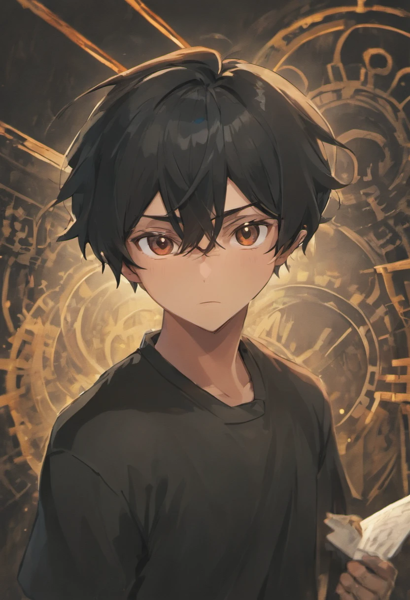 Anime boy, Bangs combed to the left, Black hair, Oval face, Blackbeard and mustache, neat beard, Shave both sides of the hair in the machine 02, Social black shirt, arms folded, Facing the camera, photo taken from the front, Face forward, Brown eyes, Medium thin nose, Pixar 3D style