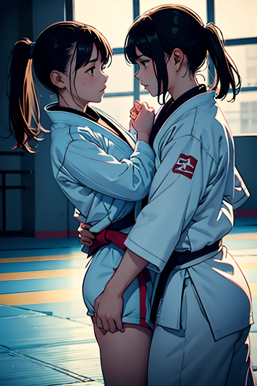 Beautiful girl doing judo,fights with another girl